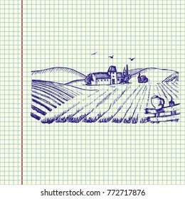 Rural landscape with houses. Plowed field. Hand drawn vector stock illustration. Sheet ballpen drawing
