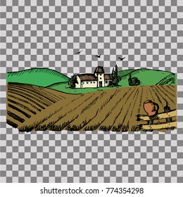 Rural landscape with houses. Plowed field. Hand drawn vector stock illustration.