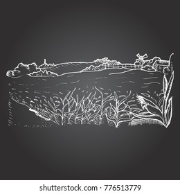 Rural landscape with houses. Plowed field. Hand drawn vector stock illustration.