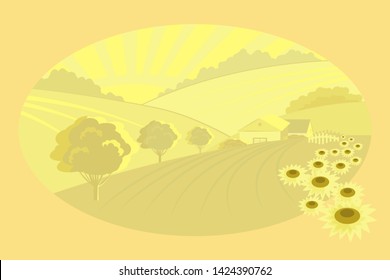 Rural landscape with houses and sunflowers. Vector illustration