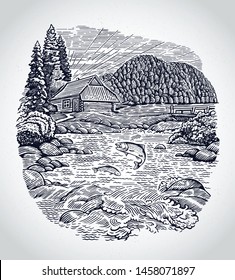 Rural landscape with the hut, in graphic style, with a mountain river and fish in it.