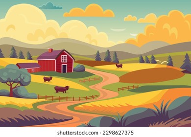 Rural landscape illustration for background. Farmhouse and barns, cows grazing through the fields. Vector illustration. Cartoon style.