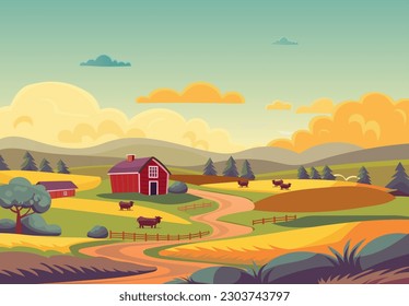 Rural landscape illustration for background. Farmhouse and barns, cows grazing through the fields. Vector illustration. Cartoon style.