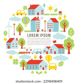 Rural landscape illustration in a circular form with houses and trees