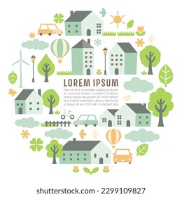 Rural landscape illustration in a circular form with houses and trees