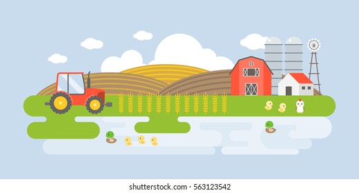 Rural landscape illustration with farm building, barn, wheat, tractor, lake, mallard. Agricultural business and organic products concept