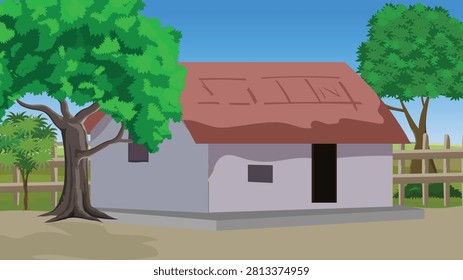 Rural landscape illustration highlighting a single clay house with a reddish-brown thatched roof positioned directly behind a large leafy tree in an Indian village.