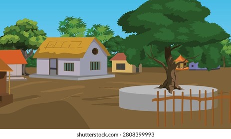 Rural landscape illustration showcasing a central large tree growing from a circular concrete platform wrapped with a wooden picket fence opposite a prominent white cottage with a yellow thatched roof in an Indian village.