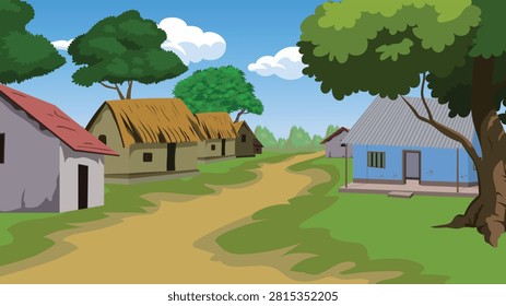 Rural landscape illustration showcasing a winding central dirt path dividing a row of thatched huts from a prominent blue house shaded by a large foreground tree trunk in an Indian village