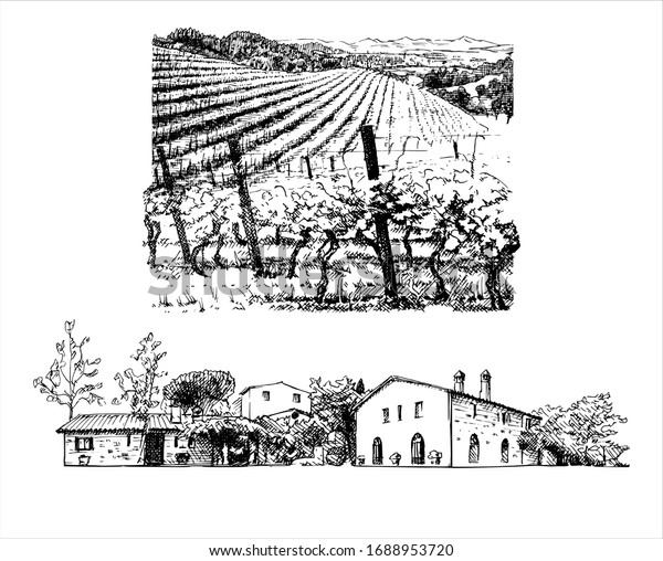 地方の風景 葡萄の谷の墨画 農家白黒のハッチングスタイルのヨーロッパの国の側 2つの風景のセット 地中海のワイナリーイラスト のベクター画像素材 ロイヤリティフリー