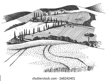 rural landscape ink pen picture - vector