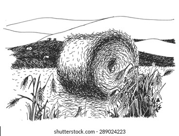 rural landscape ink pen picture - vector