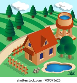 Rural landscape. Isometric. Vector illustration.