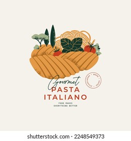 Rural landscape with Italian pasta ingredients. Wheat fields. Retro style textured illustration.