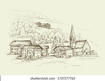 Paisaje rural.  Italia, Europa. Santa Maddalena. Esbozar ilustración vectorial con una iglesia, casas de pueblo en la colina. Diseño de época para la impresión de camisetas, postal, póster, portada