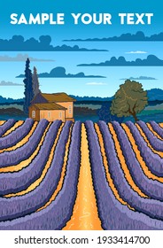 Rural Landscape With Lavender Field And Farm In Provence, France. Handmade Drawing Vector Illustration. Vintage Style Poster.