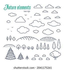 Rural landscape line elements. Vector line illustration of the countryside icons like trees, clouds, and hills. Outline style vector illustration on white background.