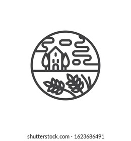 Rural landscape line icon. linear style sign for mobile concept and web design. Cottage house and trees outline vector icon. Symbol, logo illustration. Vector graphics