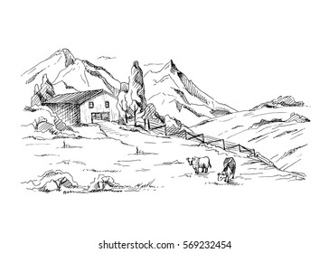 Rural landscape with lorry and farm with mountain scenery in background in graphic style