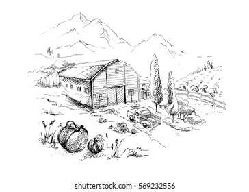 Rural landscape with lorry and farm with mountain scenery in background in graphic style