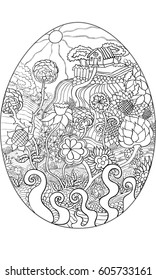 Rural landscape with meadow flowers and forest, vector illustration on easter egg, Vector pattern black on white background