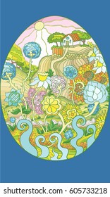 Rural landscape with meadow flowers and forest, vector illustration on easter egg, dark bright colored on blue background    