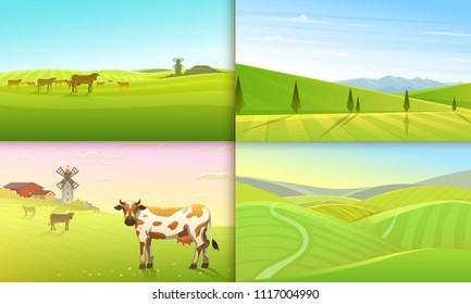 Rural landscape or meadow. Green Farm poster or background. Countryside, retro village for info graphic, websites. Windmill and hay. Summer morning. Vector illustration.