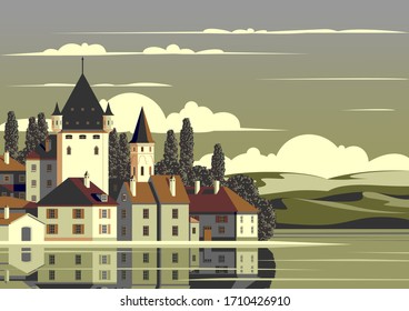 Rural landscape with a medieval castle in the first plan, a river and hills in the background. Handmade drawing vector illustration. Flat design. Vintage Poster.