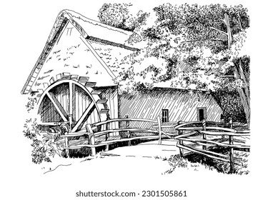 Rural landscape with mill.  Bakery shop, organic agricultural production, ecological food. Vector hand drawn vintage engraved sketch.