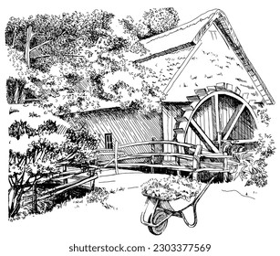 Rural landscape with mill.  Bakery shop, organic agricultural production, ecological food. Vector hand drawn vintage engraved sketch.