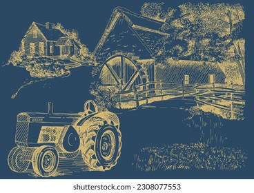 Rural landscape with mill.  Bakery shop, organic agricultural production, ecological food. Vector hand drawn vintage engraved sketch.
