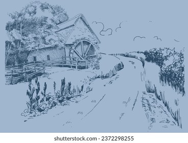 Rural landscape with mill.  Bakery shop, organic agricultural production, ecological food. Vector hand drawn vintage engraved sketch.
