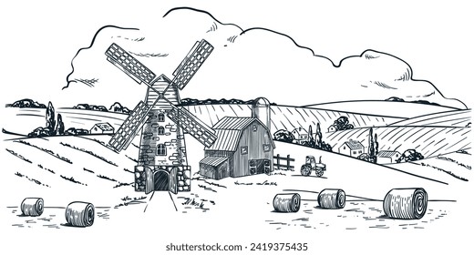 Rural landscape with mill, farm, harvest and wheat fields. Hand drawn sketch vector vintage illustration of countryside village. Farming and agriculture background