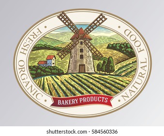 Paisagem rural com moinho, no quadro de elementos de design.