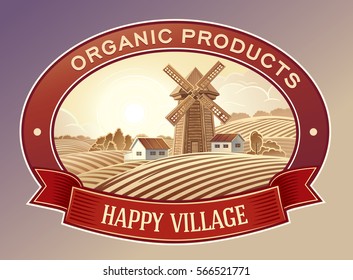 Rural landscape with mill, framed and elements of design.