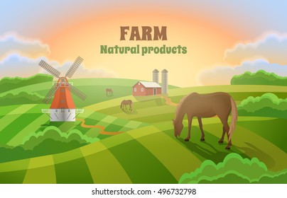 Rural landscape with a mill, a hangar and grazing horses.  Cartoon farm field green seeding field.  Farmland.