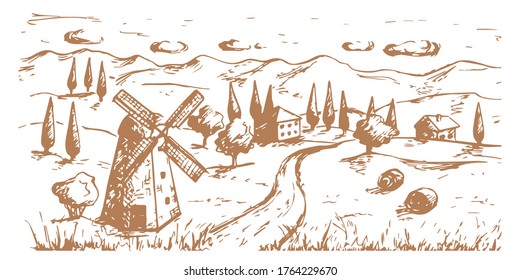 Rural landscape with mill sketch hand drawing. Design for packaging. Vector stock illustration.	