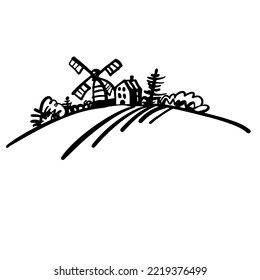 Rural landscape with a mill. Sketch. Vector doodle illustration
