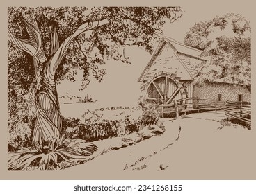 Paisaje rural con molino. Esbozo grabado con vintage a mano.
