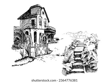 Paisaje rural con molino.  Esbozo grabado con vintage a mano.
