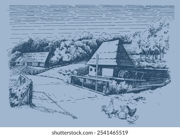 Rural landscape with mill.  Vector hand drawn vintage engraved sketch.
