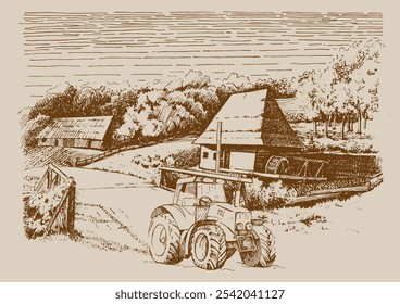 Rural landscape with mill.  Vector hand drawn vintage engraved sketch.
