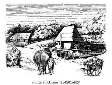 Landschaft mit Mühle.  Vektor handgezeichnete vintage eingravierte Skizze.
