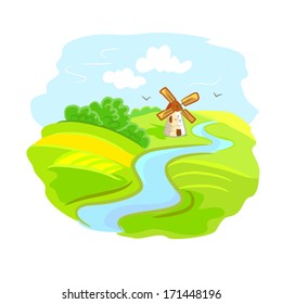 rural landscape with mill. vector illustration