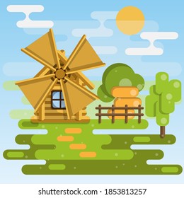 Rural landscape. Mill. Vector illustration.