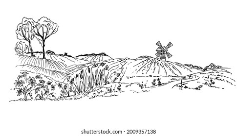 Paisaje rural con molino. Ilustración vectorial. Esbozo.