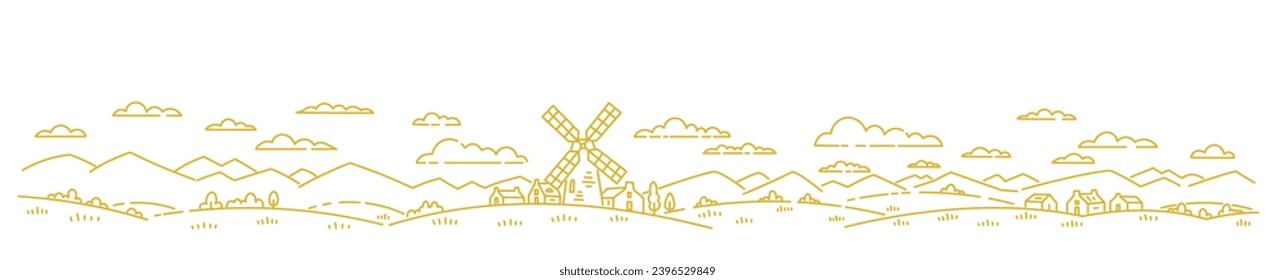 Paisaje rural con molino. Línea de vectores. Curso de contorno modificable.