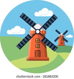 Rural Landscape with Mills.Vector Illustration 
