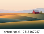 Rural landscape. Minimalistic countryside background with rolling hills and farm fields and cottage house, simple geometric pattern. Vector nature illustration