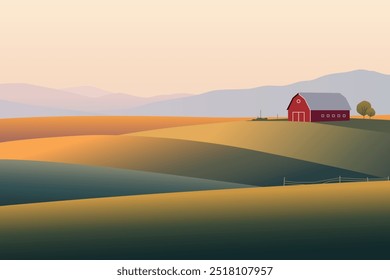 Paisagem rural. Fundo rural minimalista com colinas rolantes e campos agrícolas e casa de campo, padrão geométrico simples. Ilustração da natureza vetorial